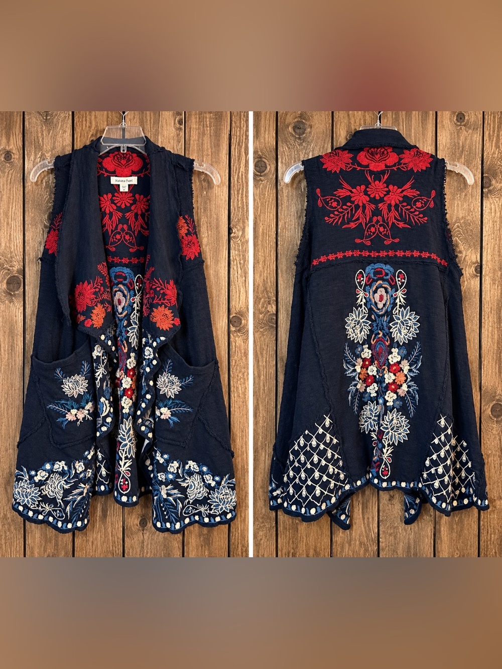 Coldwater Creek PM Embroidered Boho Long Vest Duster Floral Petite Medium